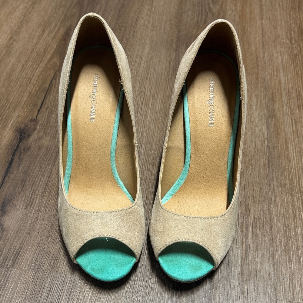 Charming Charlie Tan and Aqua Peep Toe Heels